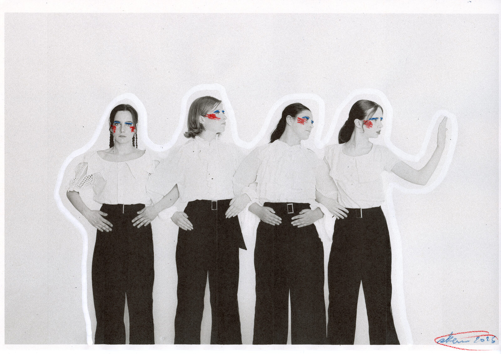An artistic black-and-white collage of four repeated figures in matching outfits, with red and blue painted accents on their faces.